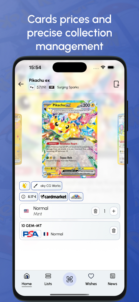 Pokécardex - Pokécardex app interface showing detailed information and market pricing for a Pikachu ex Pokémon card.
