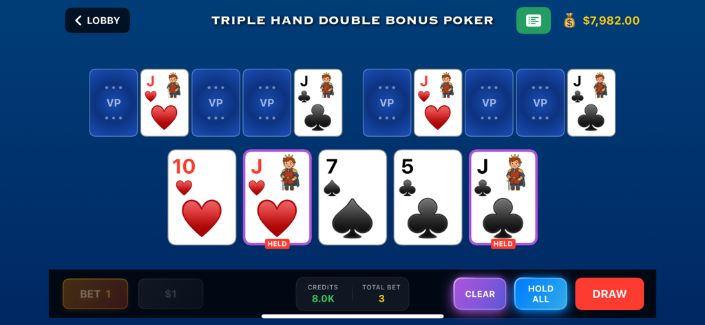 Interfaz de Double Bonus Poker con triple mano en Video Poker Galaxy