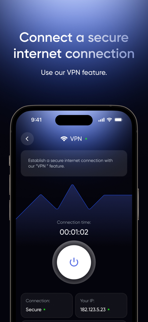 Safy·Ai Virus Protection - Safy app VPN interface showing a secure internet connection and status details.