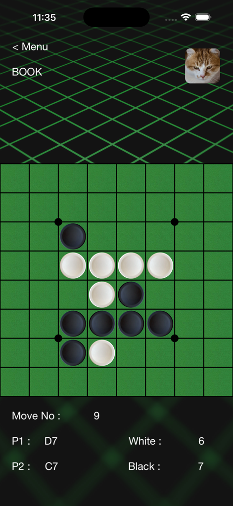A gameplay screenshot of the FlipOver strategy board game showing black and white pieces on a green grid against a cat AI opponent.