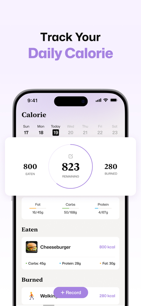 Well AI calorie tracking interface showing daily intake, calories burned, and macronutrient breakdown