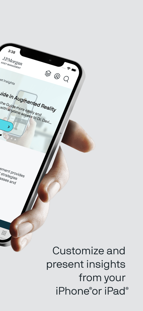 A hand holding a smartphone showing the JP Morgan Insights app interface for mobile presentations.