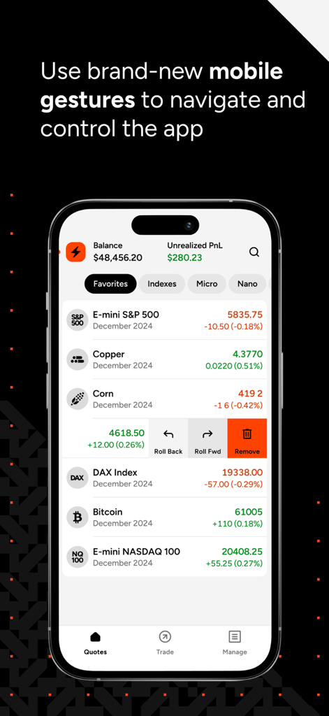 NinjaTrader | Trade Futures - Interface de l'application mobile NinjaTrader montrant les cotations de trading de contrats à terme et les contrôles gestuels de balayage