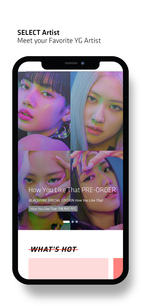YG SELECT - 블랙핑크 예약 판매 배너가 포함된 YG SELECT 모바일 앱 인터페이스