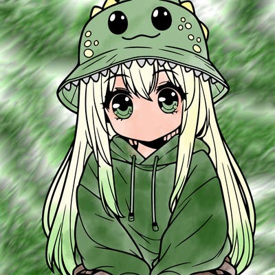 girl with anime shaped eyes with a dinosaur bucket hat oversized sweatshirt long straight hair