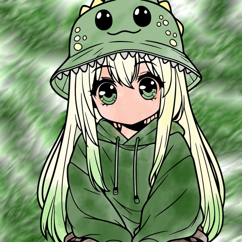 girl with anime shaped eyes with a dinosaur bucket hat oversized sweatshirt long straight hair