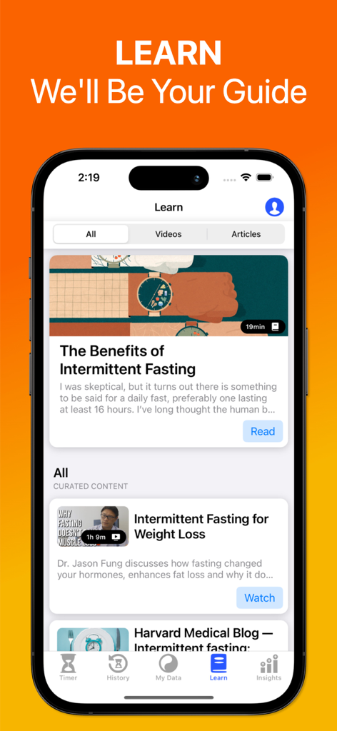 Sunrise - Intermittent Fasting - Sunrise Intermittent Fasting app Learn screen displaying educational articles and videos about fasting benefits and weight loss