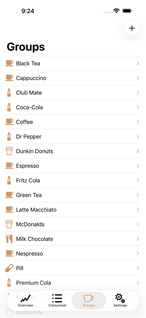 Caffeine App - Track Caffeine - Une liste de groupes de boissons caféinées dans l'application Caféine comprenant du café, du thé et des marques de sodas populaires