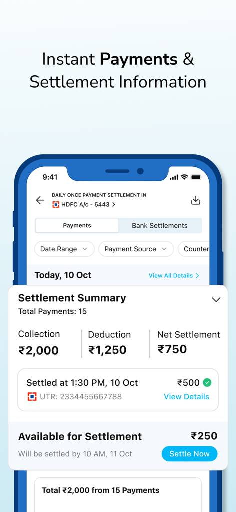 Paytm for Business - A mobile interface of the Paytm for Business app showing the settlement summary and available balance for a merchant