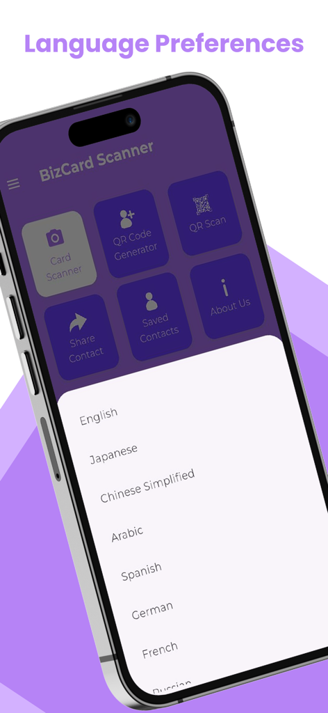 Card Reader & Scanner - Menu de sélection de la langue dans l'application mobile BizCard Scanner.