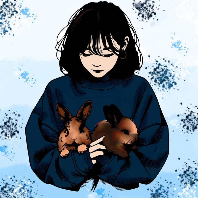 realistic girl with messy bunny baggy sweatshirt and holding bunnies