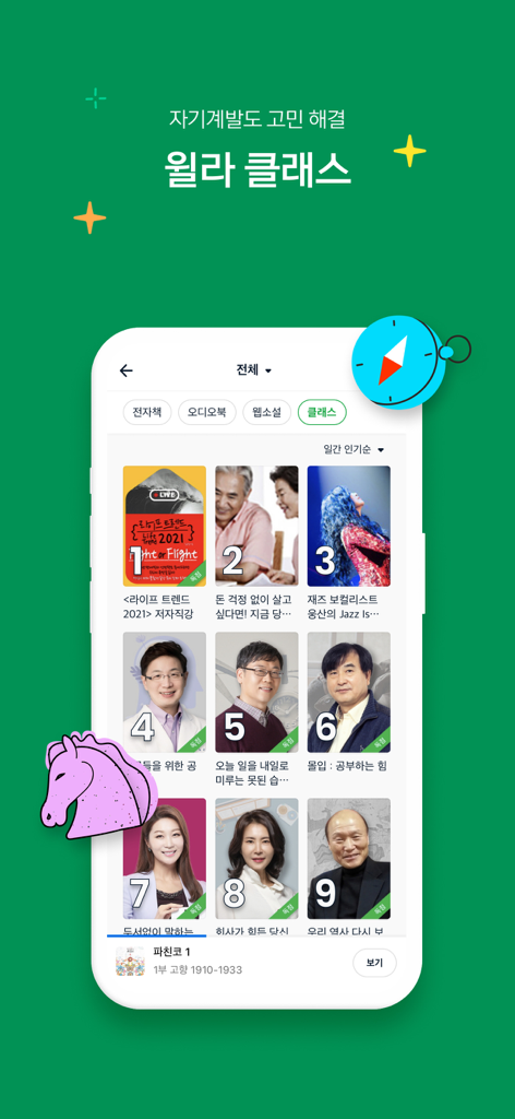 A mobile screen showing the Welaaa app classes section with a ranked list of self-improvement lectures