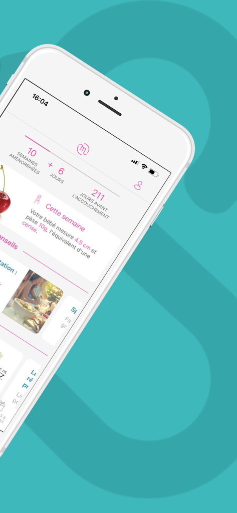 Materniteam app screen showing pregnancy progress at 10 weeks with a cherry size comparison