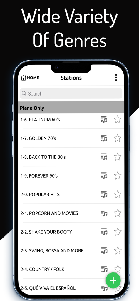 PianoStream app interface displaying a wide variety of music stations categorized by decade and genre