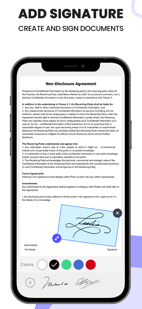 Scanner| Document PDF ScanLens - Eine mobile App-Oberfläche, die zeigt, wie ein Benutzer eine digitale Signatur zu einer Vertraulichkeitsvereinbarung hinzufügt.