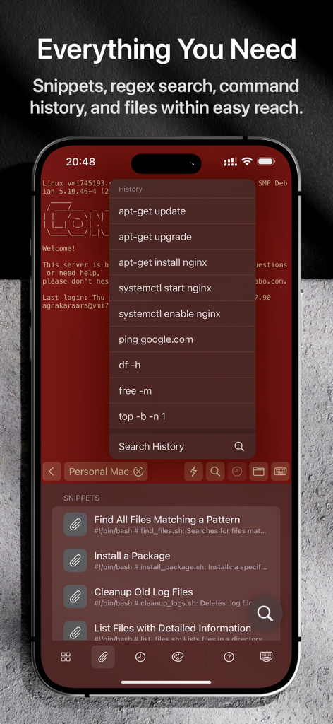 Termix Pro: SSH & SFTP Client - Termix Pro mobile app displaying SSH command history and snippets menu.