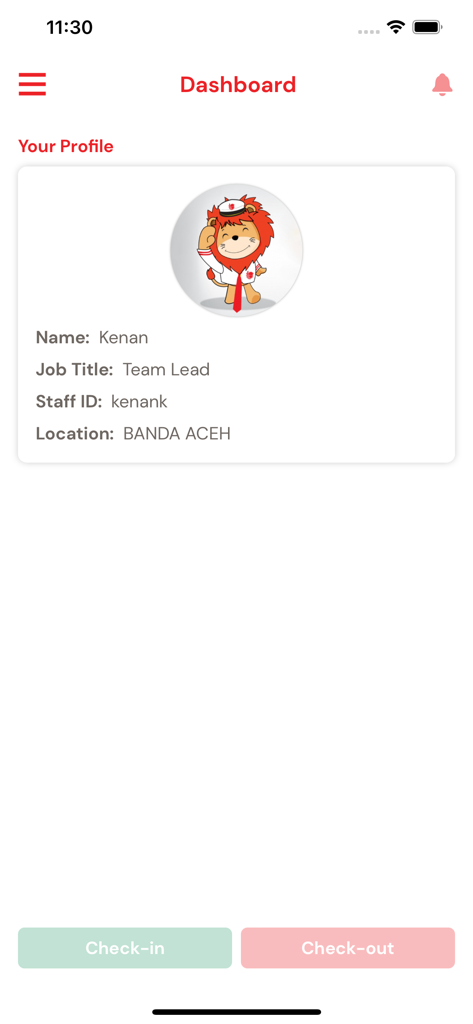 Lion Group Staff Portal dashboard displaying a user profile with name, job title, and location, along with check-in and check-out buttons.