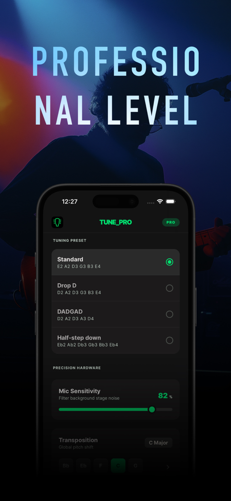 Guitar Tuner – Precision - La aplicación Afinador de Guitarra muestra varios preajustes de afinación como Estándar y Drop D con configuraciones profesionales.