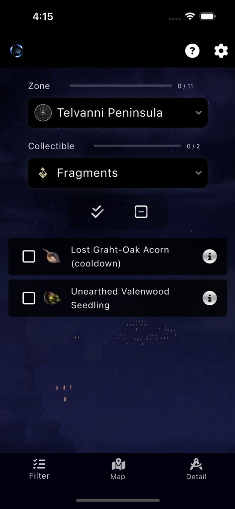 ESO Surveyor - ESO Surveyor app fragment tracking screen for Telvanni Peninsula