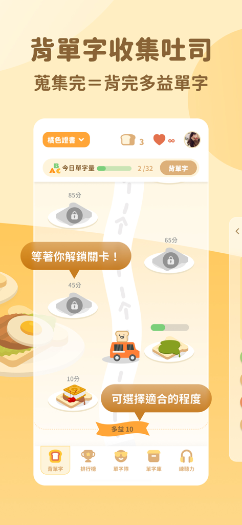Gamifizierte Oberfläche einer englischen Vokabel-App, die einen Fortschrittspfad mit Toast-Symbolen zeigt.