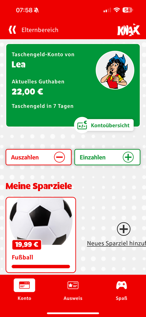 KNAX app interface displaying a child account balance and savings goal for a soccer ball