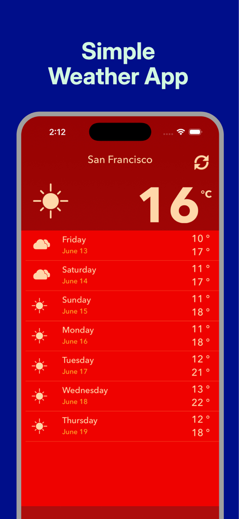 Local Weather Forecast - Interfaz de la aplicación Pronóstico del Tiempo Local que muestra la temperatura actual y un pronóstico meteorológico de 7 días para San Francisco