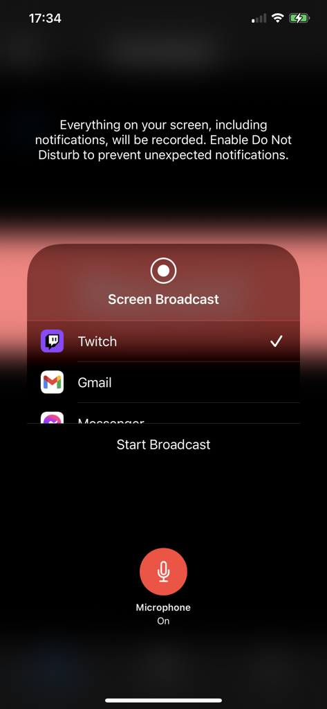 Screen Recorder,Screen Capture - Interfaccia di iOS screen recorder che mostra le opzioni di trasmissione per Twitch e un'opzione per disattivare il microfono