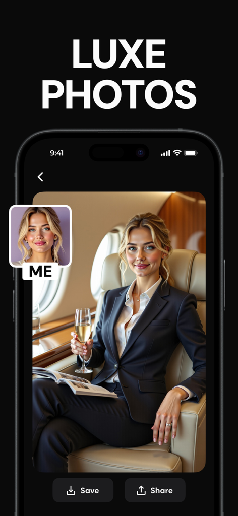 Version AI: AI Photo Creator - KI-generiertes Luxus-Lifestyle-Foto einer professionellen Frau in einem Privatjet