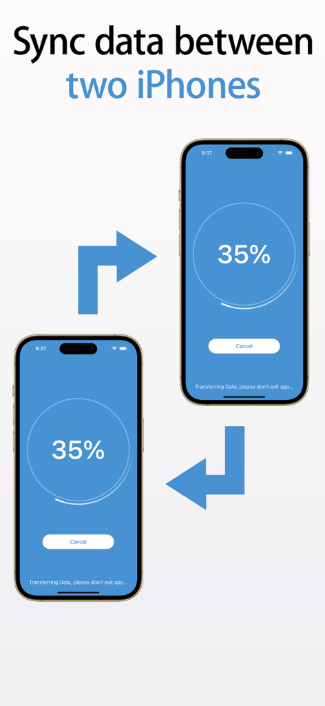 Clone My Data-Sync&Backup Data - Two iPhones syncing data with a 35 percent progress indicator and transfer arrows