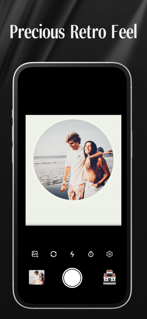 Dazz Camera - Interfaccia dell'app Dazz Camera che mostra una cornice circolare retrò su una schermata di smartphone