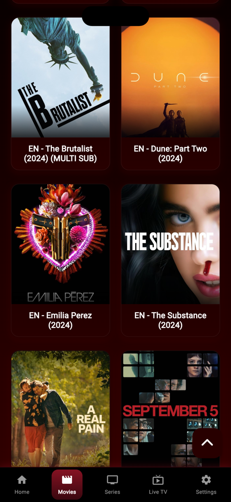 XCinemaTv - XCinemaTv app interface displaying a grid of available movies including Dune Part Two and The Substance