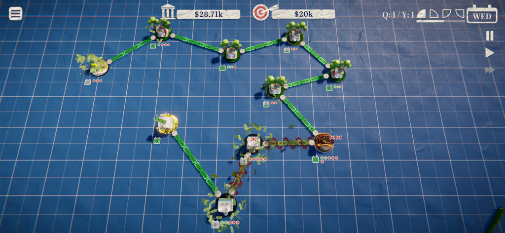 Simple CEO Business Simulator - Visão de cima de uma rede de império empresarial mostrando o fluxo de caixa e estatísticas financeiras no Simple CEO Business Simulator.