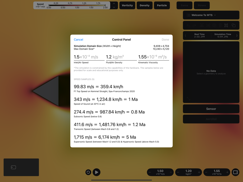 A control panel overlay in the Wind Tunnel Simulation app displaying settings for air speed, fluid density, and kinematic viscosity alongside real-world speed benchmarks.