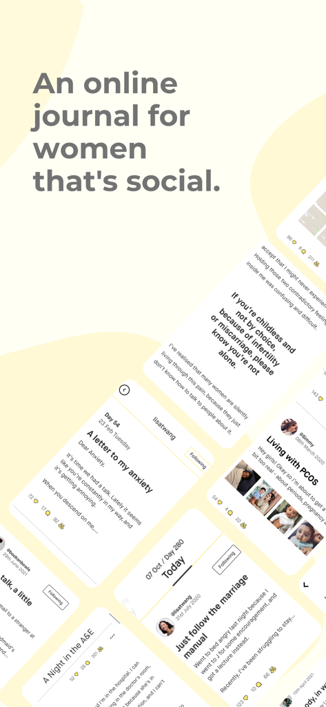 Dayre app interface displaying a collection of social journal entries and personal stories from a community of women.