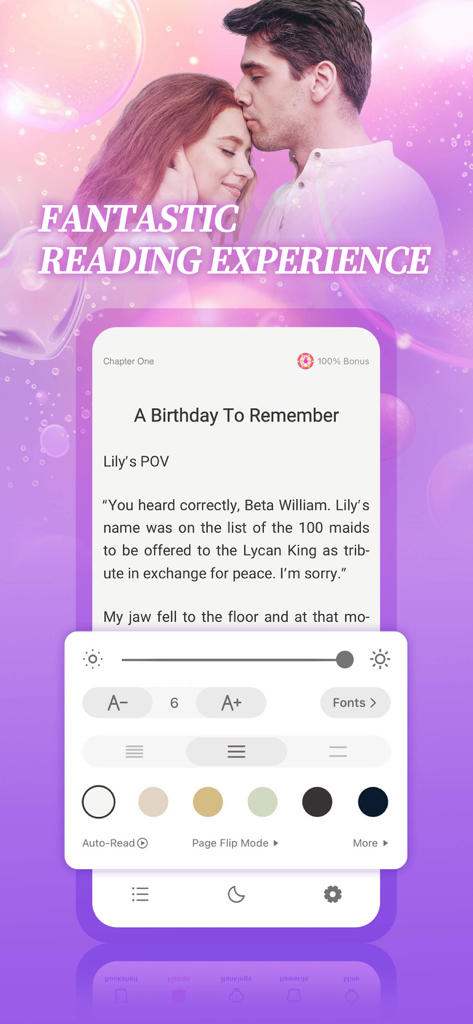 NovelZoom - NovelZoom mobile app interface showing customizable reading settings like font size and background color over a romance story.