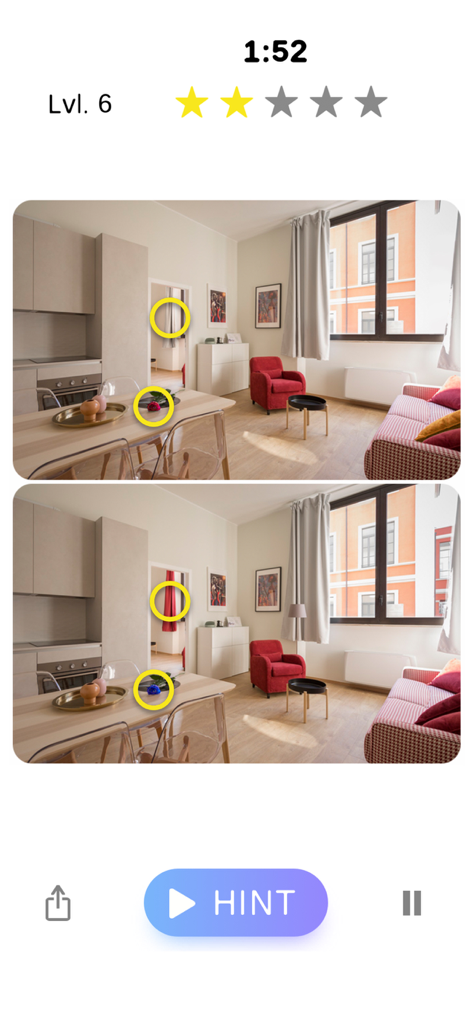 A mobile game screen showing two photos of a room where players find five differences.