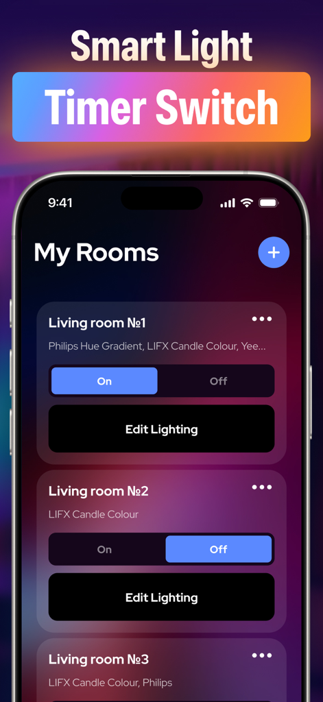 LED Light Controller・Remote - Interface of the LED Light Controller app showing smart light management for different rooms with on and off switches.