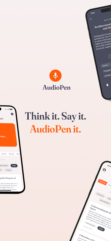 AudioPen - Werbebildschirm der AudioPen-App mit dem Slogan Denk es Sag es AudioPen it und mehreren Vorschläufen der Benutzeroberfläche der iPhone-App