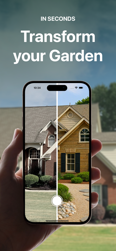 A mobile phone screen showing a split-screen before and after comparison of a house garden redesigned with AI