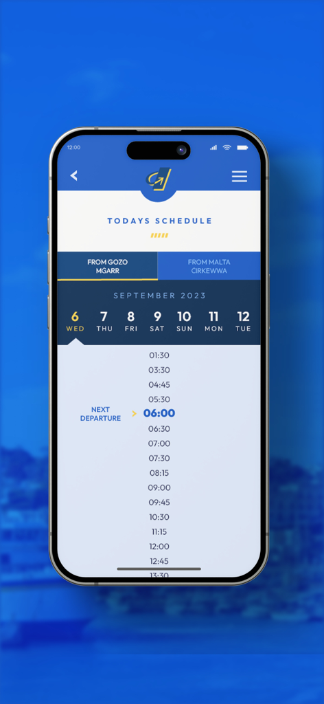 A smartphone screen displaying the Gozo Channel ferry schedule with departure times from Mgarr to Cirkewwa.