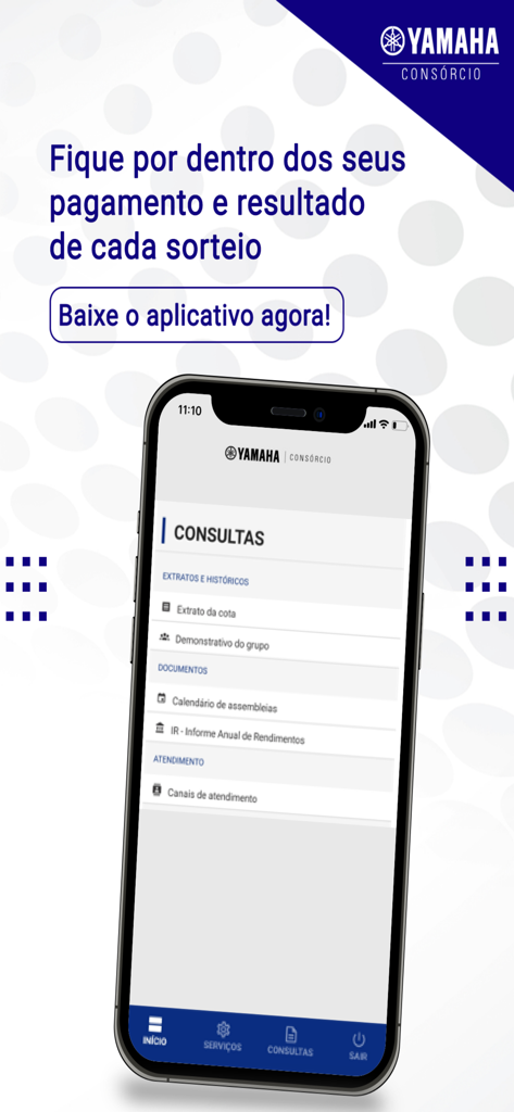 Consórcio Online - Yamaha - Interface of the Yamaha Consorcio Online app showing the consultations menu for financial statements and assembly dates