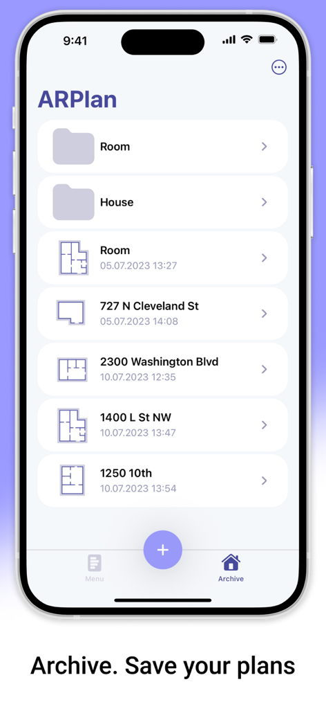 AR Plan 3D app interface showing a list of saved floor plans in the archive section