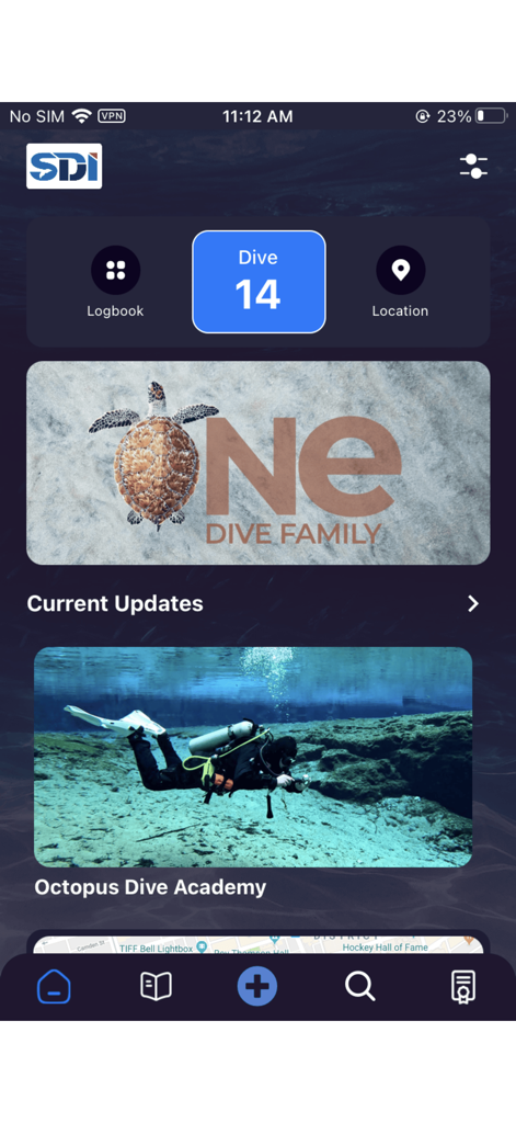 Panel de inicio de la aplicación de buceo SDI TDI ERDI PFI que muestra el recuento de registros de buceo y actualizaciones de actividad submarina