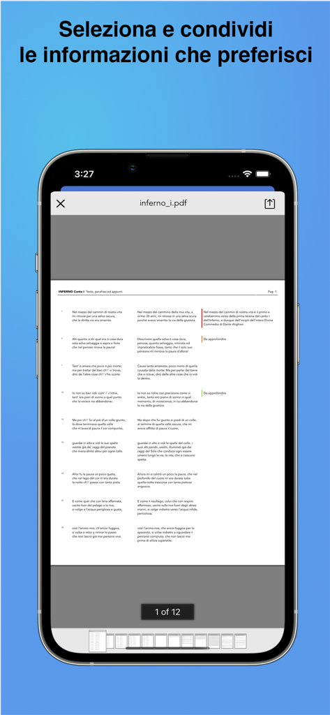 Divina Commedia - Study view of Dante's Inferno with original text and modern paraphrases in the Divina Commedia app.