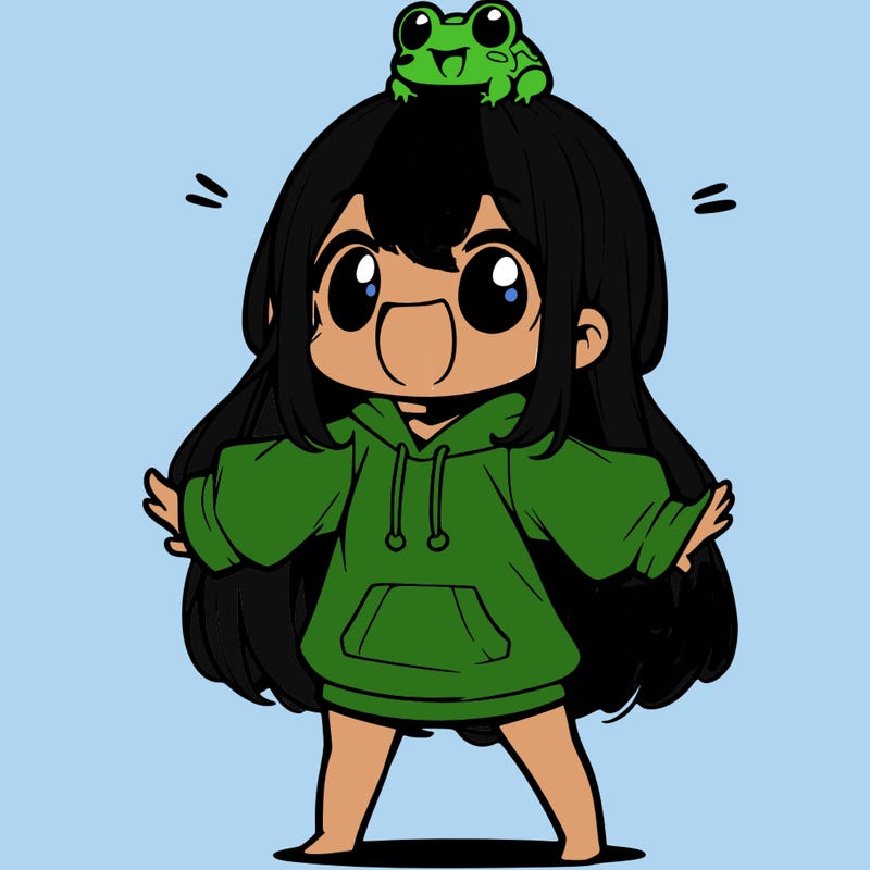 a excited chibi girl whith long hair and a baggy shirt whith a frog on there head