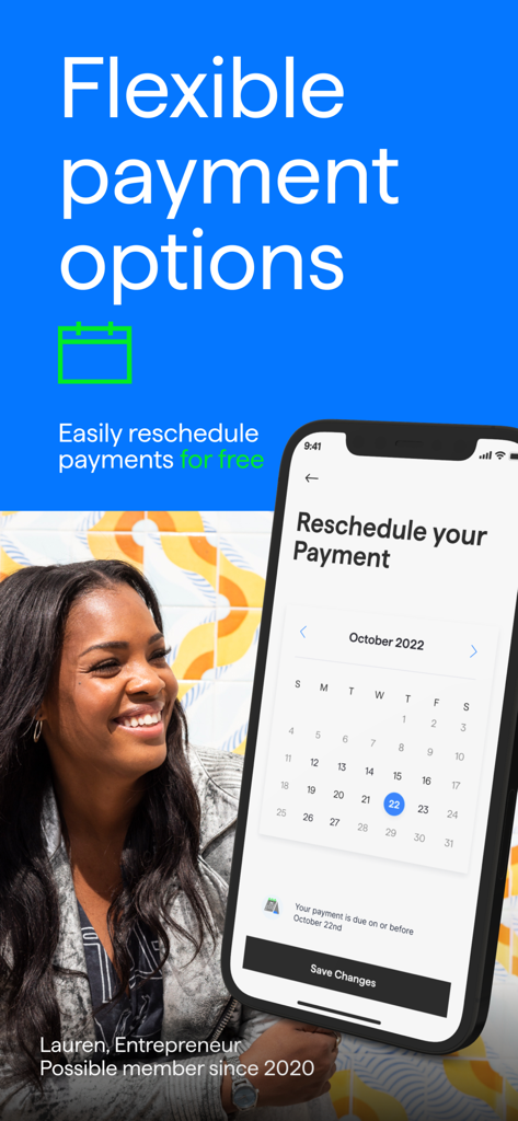 Possible: Fast Cash & Credit - Pantalla de smartphone mostrando la interfaz de la aplicación Possible para reprogramar pagos gratis en un calendario
