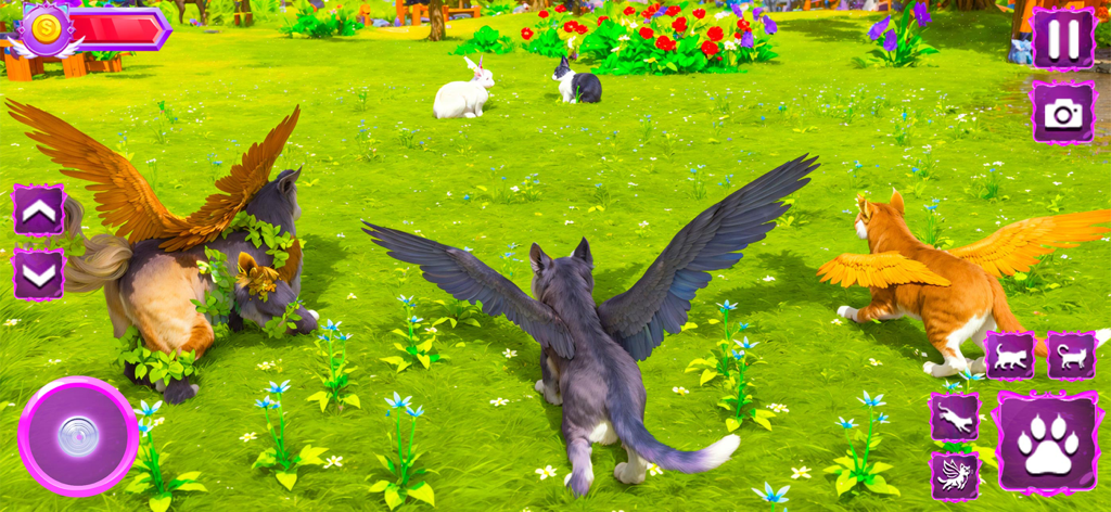 Kitty Fly Cat Adventure - Three cats with wings in a colorful meadow with rabbits