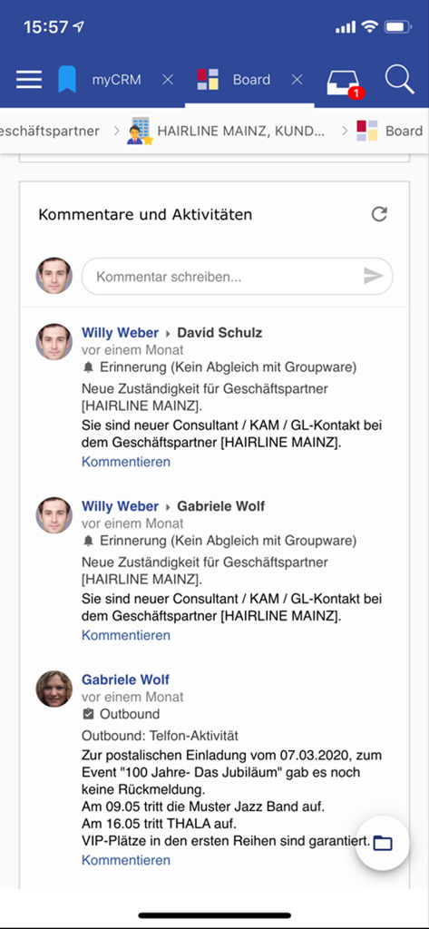 CURSOR - The CURSOR CRM app displaying a feed of professional comments and business activities.