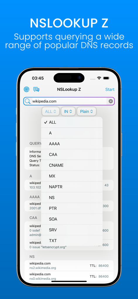 NSLookup Z-Fast DNS Query Tool - NSLookup Z-Oberfläche zeigt eine Dropdown-Liste mit DNS-Eintragstypen an, darunter A AAAA CNAME und MX