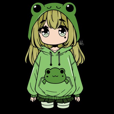 cute anime girl wearing a baggy frog sweatshirt